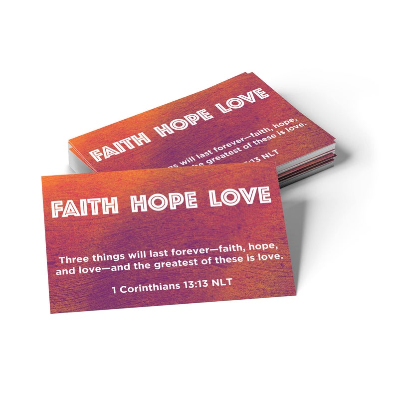 Logos Trading Post Faith Hope Love, 1 Corinthians 13:13, Bulk Pack of 25 Affirmation Scripture Cards for Kids, Pass it On Christian Bible Verse Cards for Sunday School, Childrens Church, & Youth Group Ministry - Image 1
